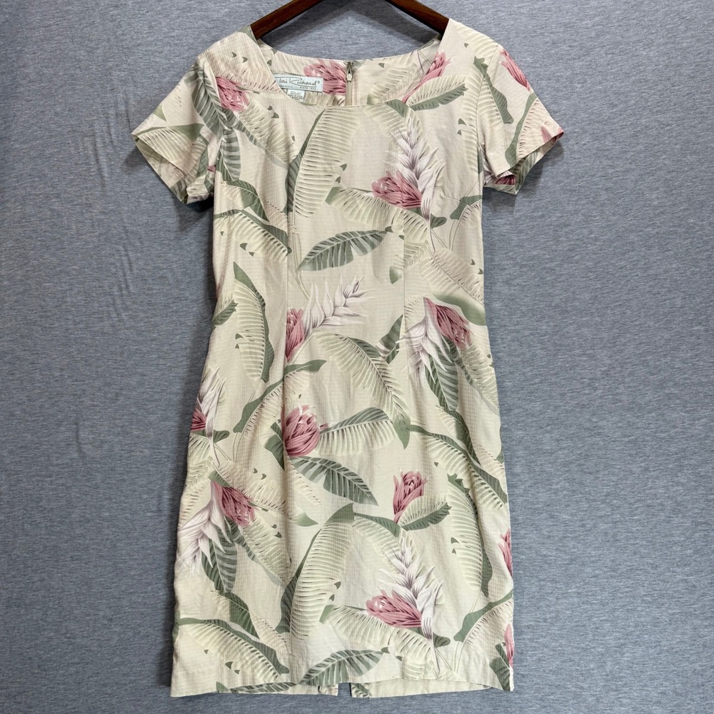 Tori Richard Sheath Dress Women 4 Beige Tropical Floral Silk Short Sleeve Mini